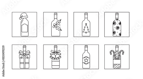 Collection of festive bottle silhouettes decorated with christmas ornaments and ribbons