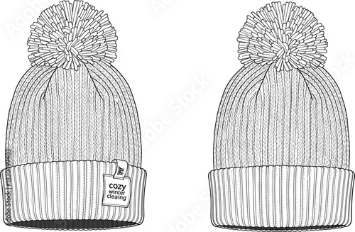 Knitted winter hats with pom-poms, ribbed fold-over brim, textured pattern, tag variation, cozy design, cartoon style, vector clothing accessory illustration
