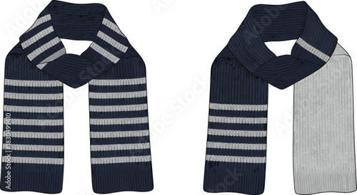 Knitted winter scarves, horizontal stripe pattern, dark blue and light gray color, design variation, vector fashion accessory sketch, garment blueprint