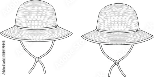 Line art of woven straw hats with chin straps, technical fashion sketch, summer headwear design, detailed illustration for product catalog use