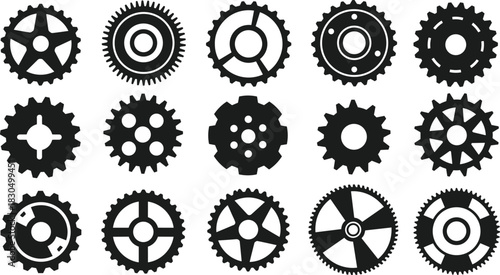 Gear silhouette collection, cogwheel designs illustration, mechanical artwork, engineering concept, machinery parts design, industrial technology symbol
