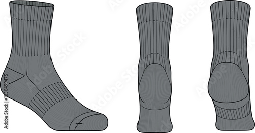 Side, rear, and angled view of dark gray sock with ribbed texture and reinforced zones, technical illustration for product design use