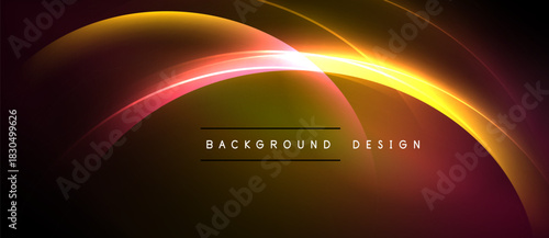 Abstract background features glowing lines, curves, gradients. Dark space contrasts vibrant orange, yellow, pink hues. Text reads background design.