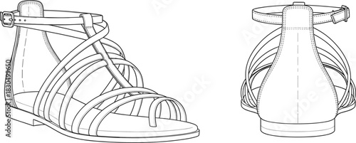 Technical drawing of women’s strappy sandals, front and rear views, detailed fashion footwear sketch for design, manufacturing, and catalog use