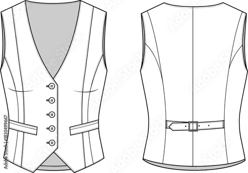 Tailored vest technical sketch, front and back view, deep V-neckline, welt pockets, princess seams, adjustable belt, vector fashion blueprint