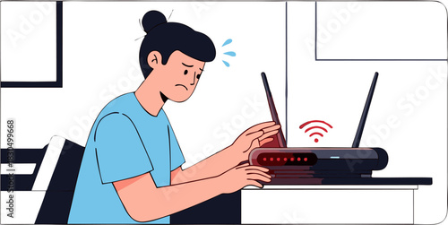 Frustrated Person Dealing with a Router Issue, Experiencing Network Problems, No Internet