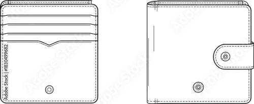 Technical wallet sketch, bifold and multi-slot design, button snap closure, detailed stitching, blueprint style, vector line drawing, product concept illustration