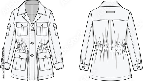 Utility jacket technical sketch, front and back view, notched collar, patch pockets, button closure, cinched waist, vector fashion drawing, garment blueprint