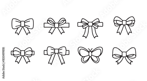Collection of eight hand drawn bow tie illustrations in a simple outline silhouette style