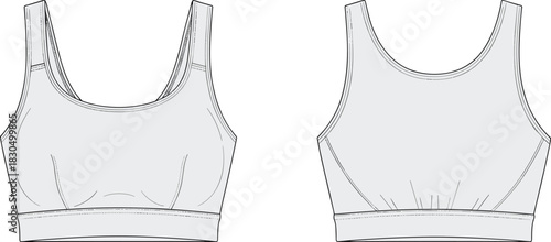 Women's sports bra technical sketch, front and back view, scoop neckline, wide straps, contour seams, vector fashion drawing, garment design blueprint