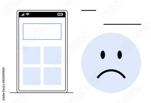 Mobile app frustration. A minimal smartphone display and sad face user frustration with app performance, functionality, or design. For UX studies, app design, troubleshooting