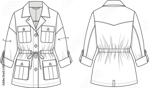 Women's utility jacket technical sketch, front and back view, notched collar, flap pockets, button closure, drawstring waist, vector fashion drawing, blueprint