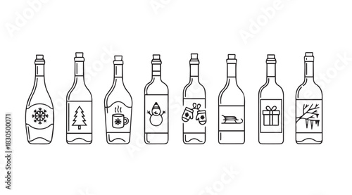Collection of festive holiday themed wine bottle silhouettes with winter decorations