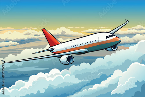 A bold, colorful illustration of a modern airliner flying high above fluffy clouds with a vivid sunset sky, conveying travel, adventure, and the freedom of flight.