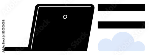 Laptop with communication lines extending upwards toward a blue cloud. Ideal for cloud computing, teamwork, remote work, technology, networking, online tools, modern connectivity. Simple flat