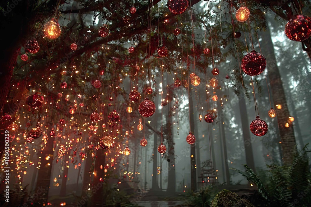 Christmas forest with glowing ornaments hanging