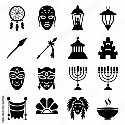 Collection of diverse cultural symbols and artifacts including masks, lanterns, and religious icons isolated on