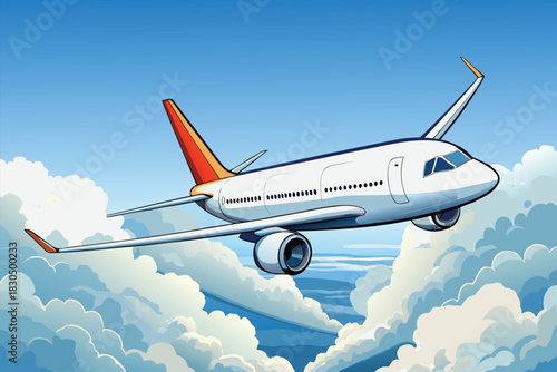 A modern jet soars above white clouds under a clear blue sky. This dynamic illustration captures travel, aviation, and the feeling of freedom and adventure associated with air travel.