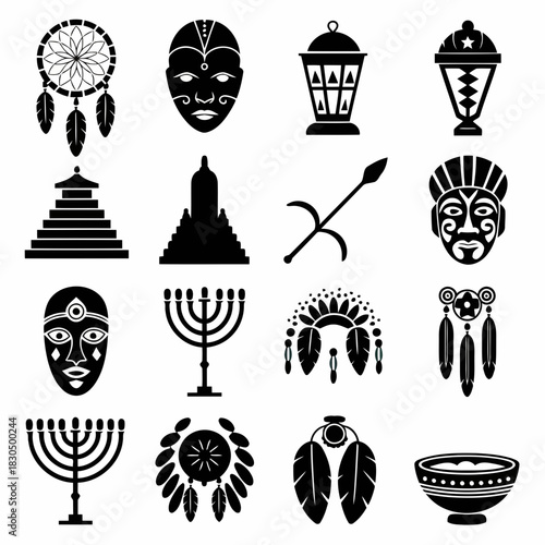Collection of diverse cultural symbols and artifacts including masks, dreamcatchers, and religious icons