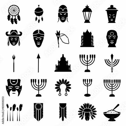 Collection of cultural symbols and objects including masks, menorahs, and traditional items isolated on