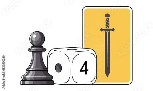Board game elements: chess pawn, dice, and sword card icon.