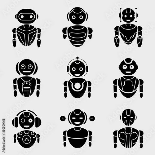 Set of twelve different robots with various expressions and designs, isolated on