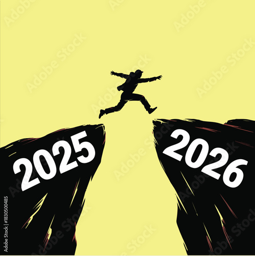 Silhouette of man jumping between 2025 and 2026 cliff edges