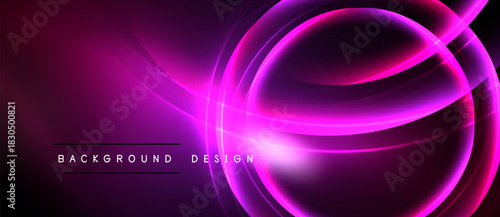 Abstract purple neon lines form circular shapes. Dark background emphasizes bright glowing curves, modern design element.