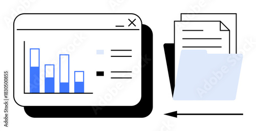 Data management illustration. Data visualization with bar graph and document folder highlights efficient organization of files. Data is key for analytics, storage, and workflows. Perfect