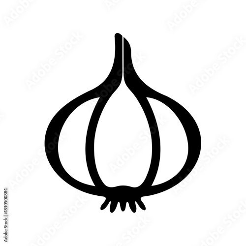 Simple black and white illustration of a garlic bulb on white background
