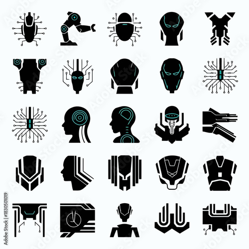 Collection of futuristic robot and cyborg icons with various designs and elements on