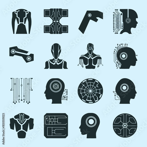 Collection of futuristic and robotic icons featuring humanlike figures with mechanical elements and digital patterns