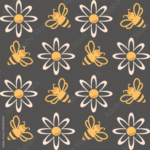 Seamless bee and flower pattern on dark background