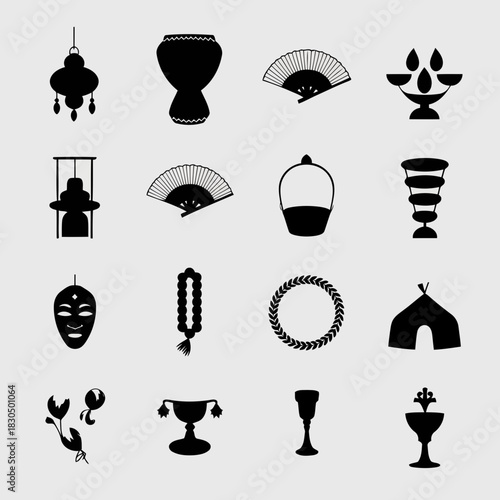 Collection of various cultural and decorative items including fans, masks, jewelry, and traditional artifacts