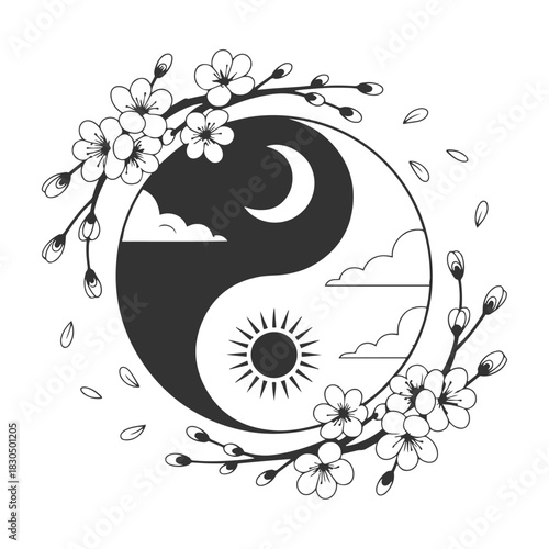 yin yang symbol with moon clouds and sun