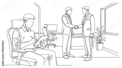Continuous Line Office Worker Illustrations – Typing on Tablet, Stylus Use, Handshake Gesture in Modern Workplace