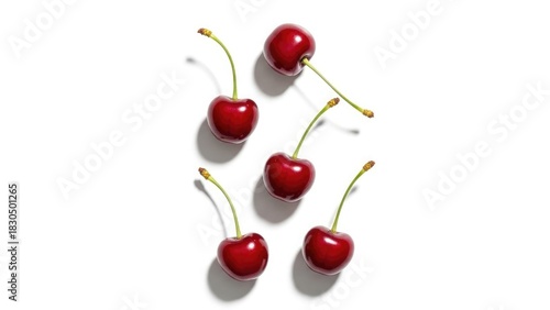 Fresh, ripe cherries scattered on a clean white background, a vibrant and healthy summer treat.