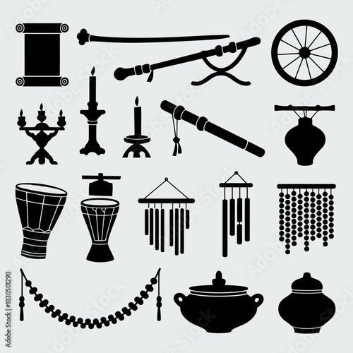 Collection of musical instruments and tools including drums, wind chimes, pots, and traditional items on