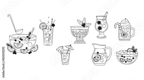 Collection of festive holiday drinks and punch bowl in a charming silhouette style