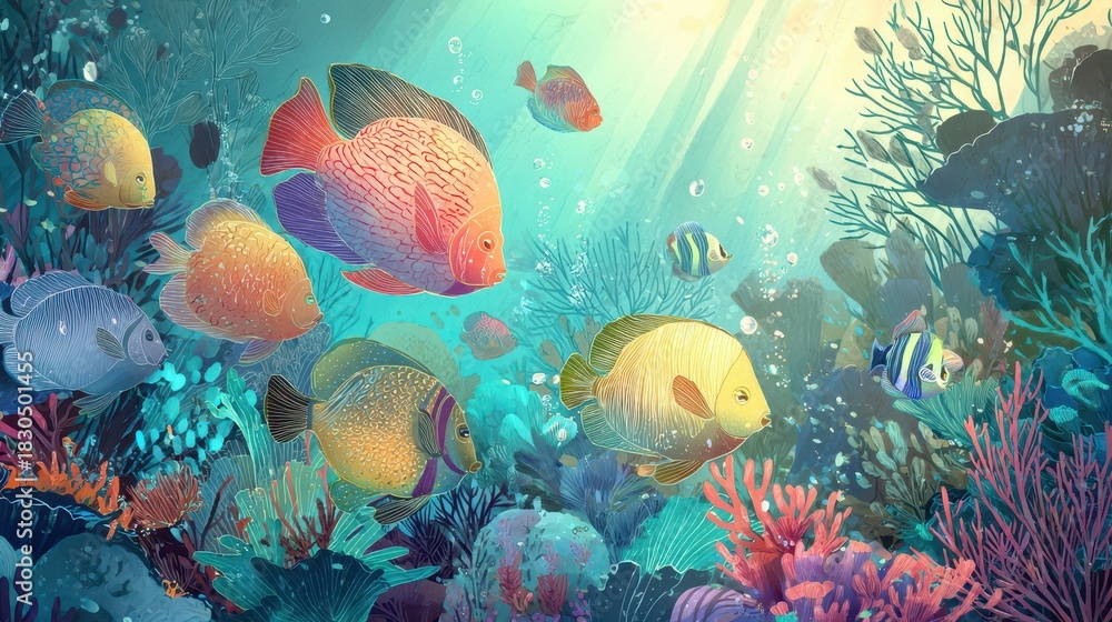 Obraz premium Colorful fish gliding through sunlit ocean coral in a digital painting