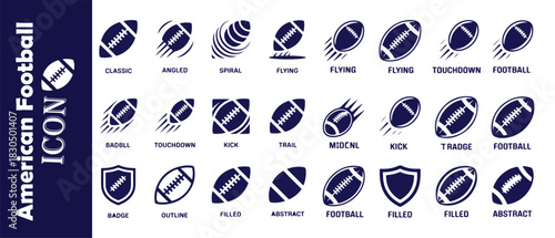 American football icon set, classic angled spiral flying touchdown football badbll touchdown kick trail miocnl
