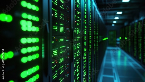 A high-tech server room with rows of illuminated green data servers, showcasing modern data storage and processing capabilities.
