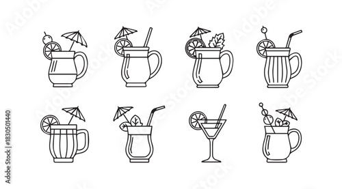 Collection of various tropical cocktails and drinks in silhouette style
