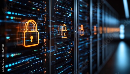 A futuristic data center with glowing servers and security locks, emphasizing cybersecurity and technology.