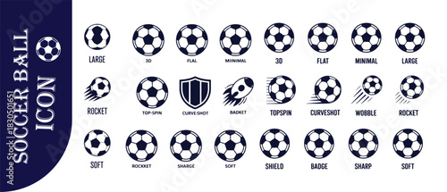 Soccer ball icon set with large 3d flat minimal rocket top-spin and curve-shot variations