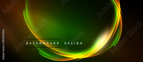 Abstract background features flowing colorful waves. Green, orange, yellow hues blend smoothly. Dark edges frame bright central design.