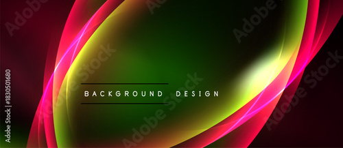 Abstract vibrant waves, gradients blend. Dark background highlights colorful central design. Text reads background design. Smooth curves create dynamic visual effect.