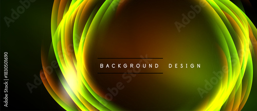 Abstract flowing lines create vibrant oval shape. Dark background emphasizes bright yellow, green hues. Text reads background design.