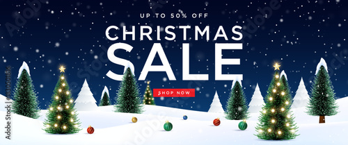 Merry Christmas sale promotion poster banner with product display and festive decoration light background. Christmas special sale and offer unit with snowflakes and snowman. 