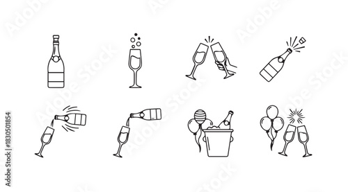 Collection of champagne bottle and glass silhouettes celebrating festive occasions silhouette